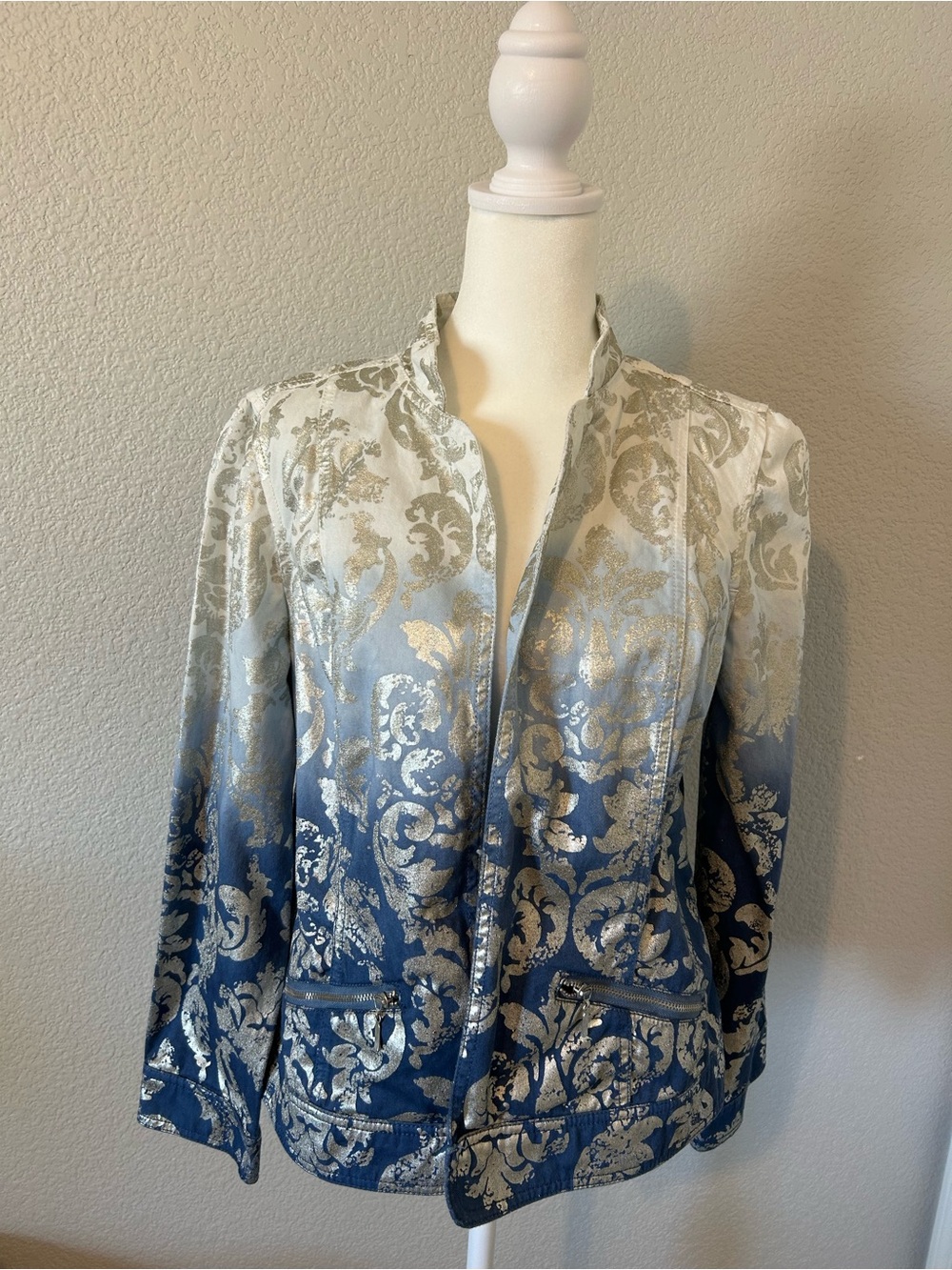 Chico's Blue and Silver Ombre Brocade Blazer